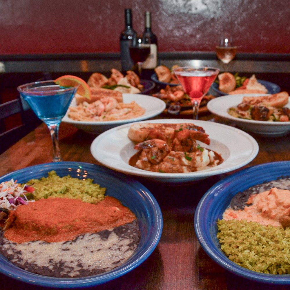 Mexican specialties with rice, beans, seafood dishes, and colorful cocktails at Diego's Spirited Kitchen in Redmond, Oregon.